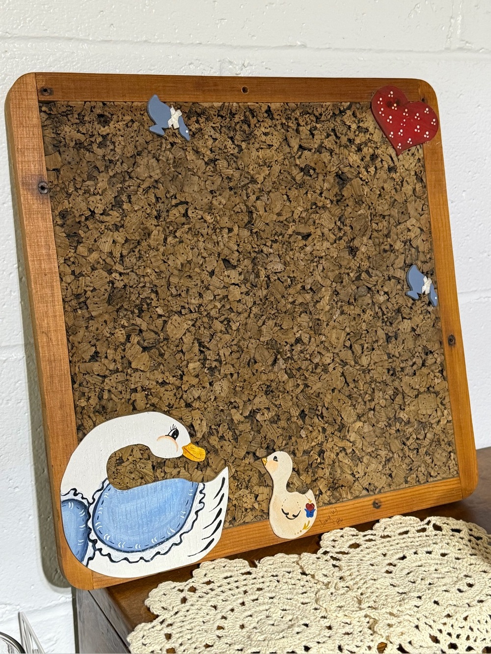 Very Rare Duck Bulletin Board with Duck & Heart Motif - Blue & Natural 13”